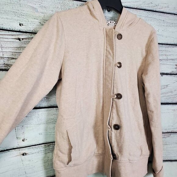 Maurices Women’s Hoodie Jacket Size XL Beige Button Front Zip Hybrid Sweatshirt - Picture 3 of 7